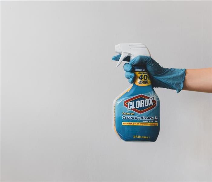 An arm and gloved hand holding a spray bottle of Clorox bleach pointing to the left of the frame.