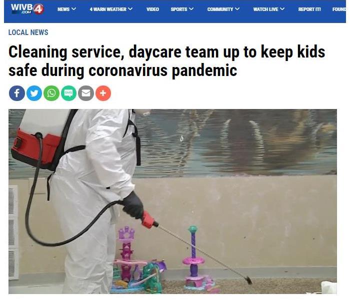 Screenshot of news story "Cleaning service, daycare team up to keep kids safe during coronavirus pandemic" showcasing SERVPRO