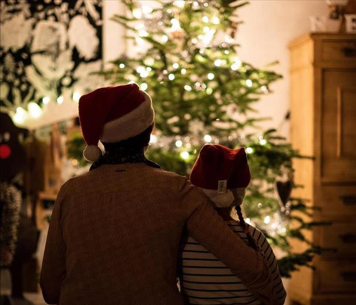 Parent and child in Santa hats gazing at Christmas tree from behind.